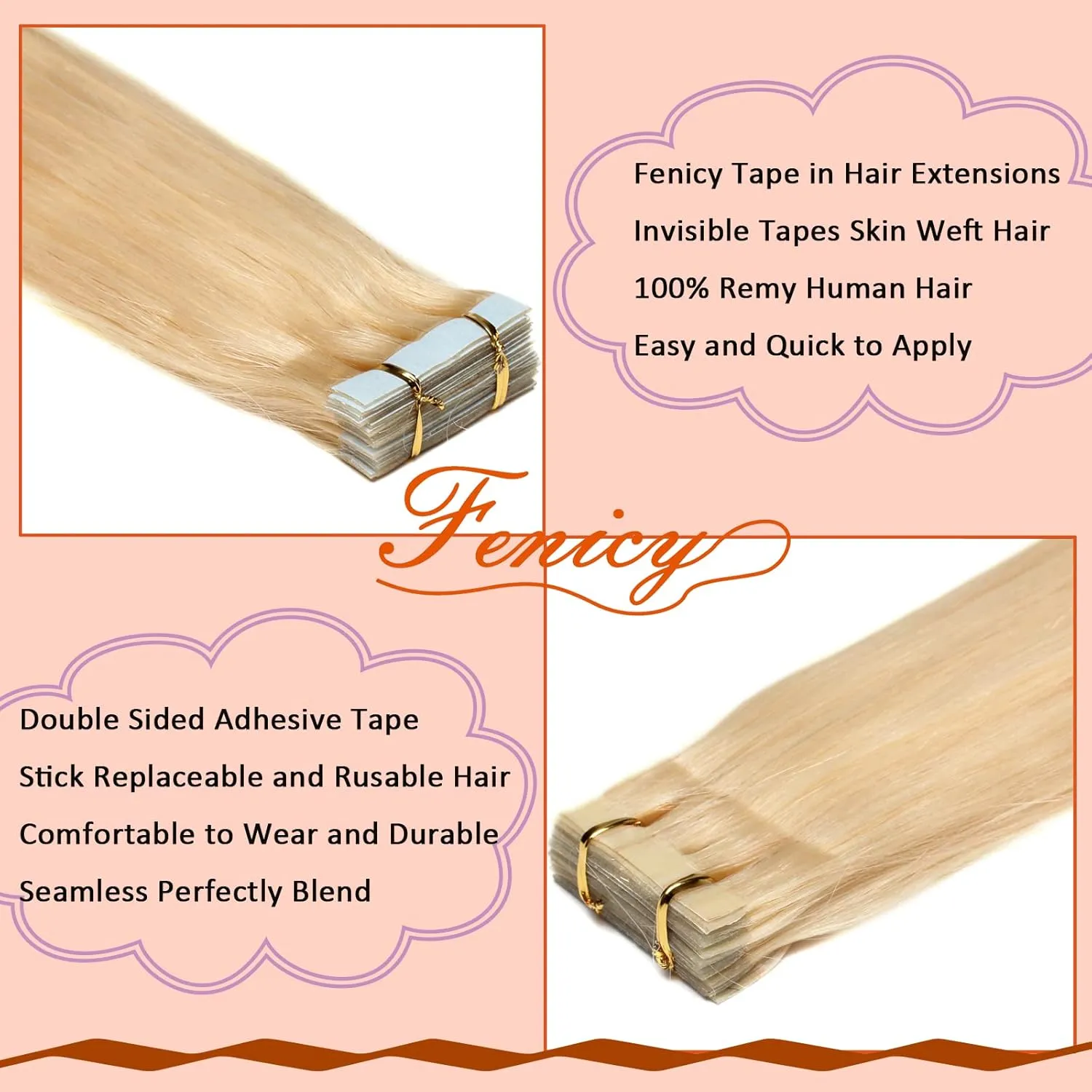 Tape-in Hair Extensions - Blonde Seamless Invisible Tape-on Human Hair Extensions - Platinum Blonde Double Sided Adhesive Skin Wefts - Remy Brazilian Hair Straight #60 24 Inch 20pcs 70g