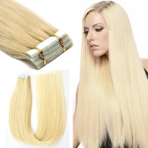 Tape-in Hair Extensions - Blonde Seamless Invisible Tape-on Human Hair Extensions - Platinum Blonde Double Sided Adhesive Skin Wefts - Remy Brazilian Hair Straight #60 24 Inch 20pcs 70g