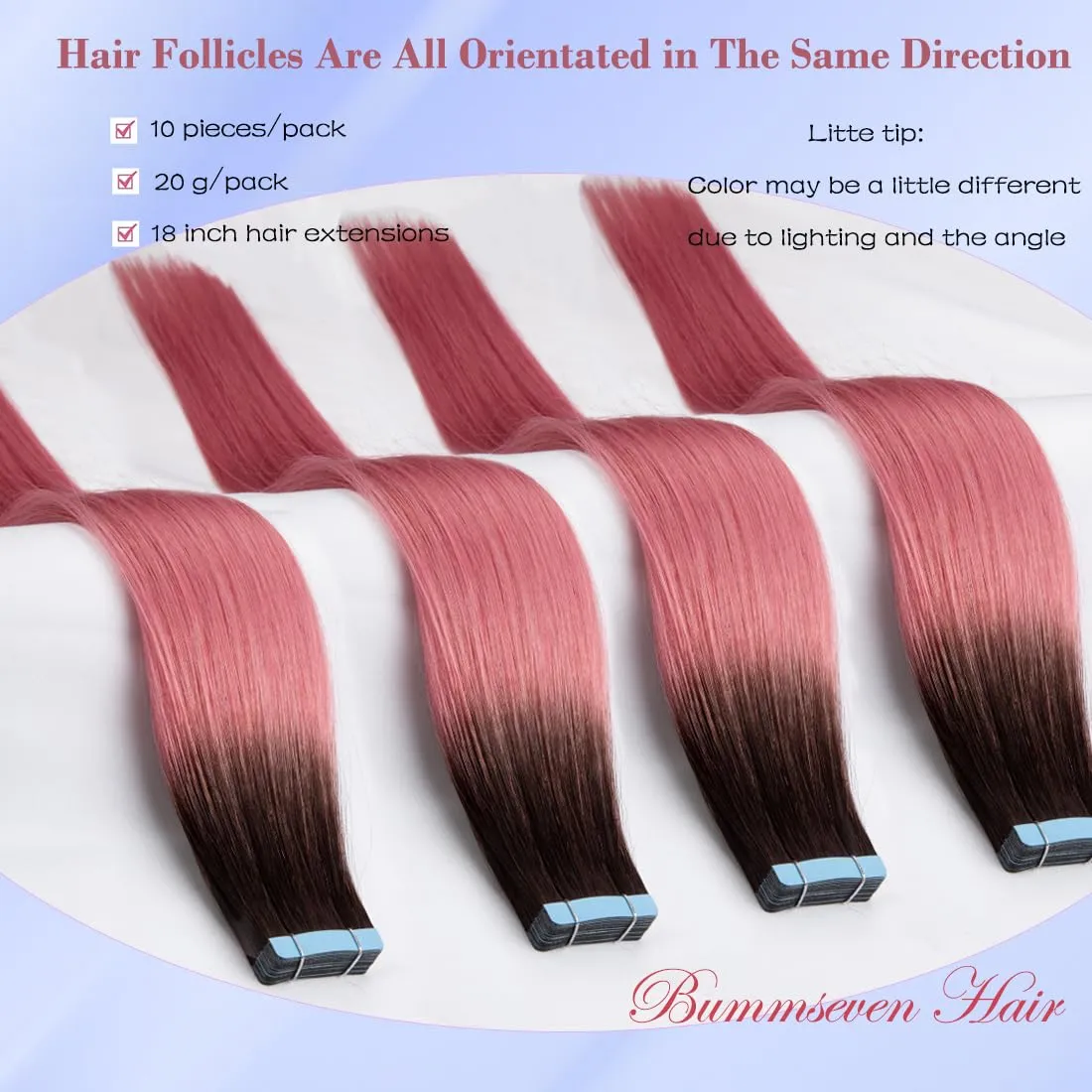 Tape in Hair Extensions Human Hair 18 Inch Ombre Brown Roots to Pink Seamless Invisible Colored Straight Real Remy Weft 20 Gram 10 Pieces