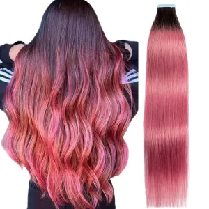 Tape in Hair Extensions Human Hair 18 Inch Ombre Brown Roots to Pink Seamless Invisible Colored Straight Real Remy Weft 20 Gram 10 Pieces