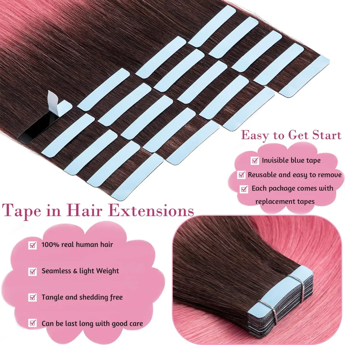 Tape in Hair Extensions Human Hair 18 Inch Ombre Brown Roots to Pink Seamless Invisible Colored Straight Real Remy Weft 20 Gram 10 Pieces