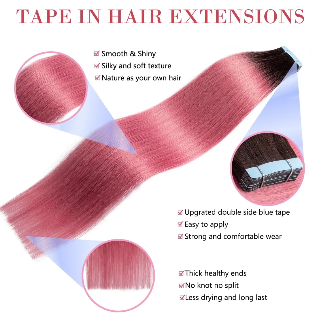 Tape in Hair Extensions Human Hair 18 Inch Ombre Brown Roots to Pink Seamless Invisible Colored Straight Real Remy Weft 20 Gram 10 Pieces