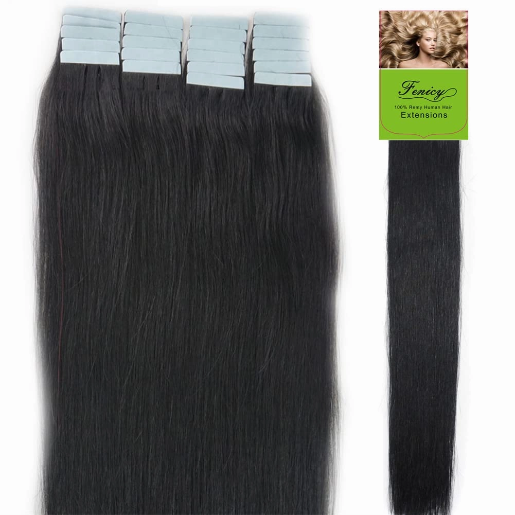 Tape in Hair Extensions Human Hair 24 Inch Black Seamless Skin Wefts Tape Glue on Remy Hair Adhesive Invisible Straight Brazilian Hair Thick #01 Jet Black 20Pcs 70gr Per Pack