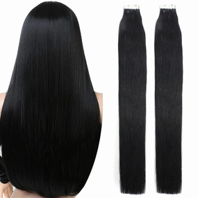 Tape in Hair Extensions Human Hair 24 Inch Black Seamless Skin Wefts Tape Glue on Remy Hair Adhesive Invisible Straight Brazilian Hair Thick #01 Jet Black 20Pcs 70gr Per Pack