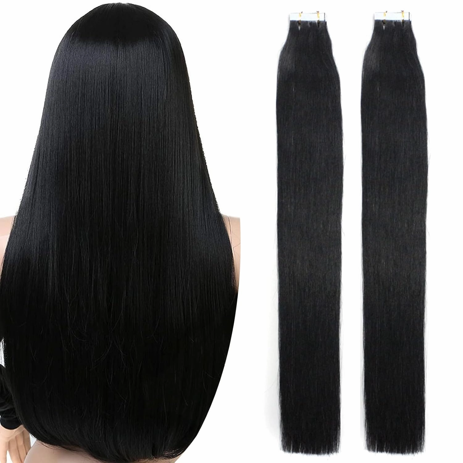 Tape in Hair Extensions Human Hair 24 Inch Black Seamless Skin Wefts Tape Glue on Remy Hair Adhesive Invisible Straight Brazilian Hair Thick #01 Jet Black 20Pcs 70gr Per Pack