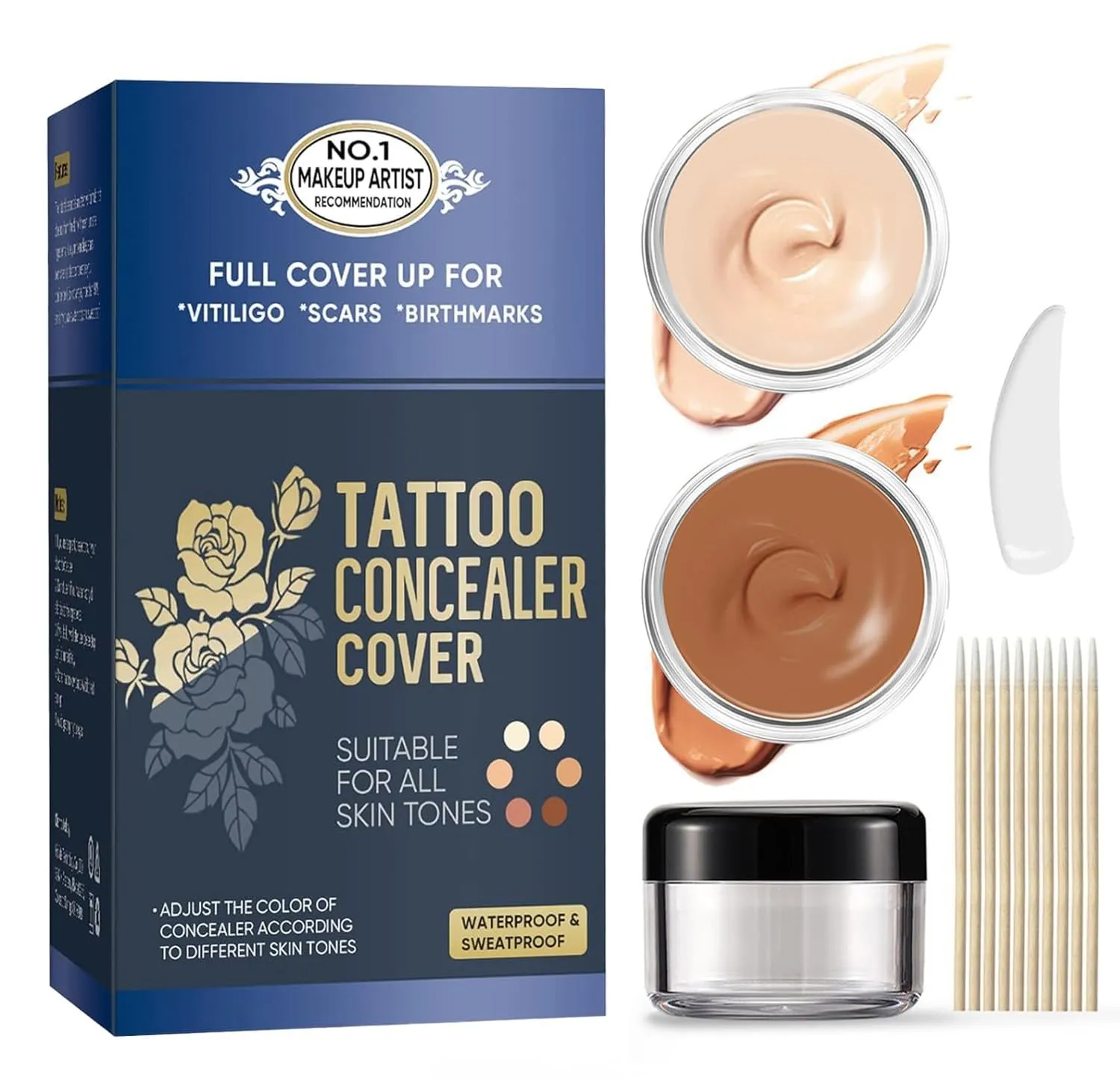 Tattoo Cover Up Makeup, 2 Colors Waterproof & Sweatproof Tattoo Cover Up Concealer, Suitable for Scars, Spots & Vitiligo, Invisible and Natural