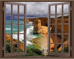 The Twelve Apostles Rock Window Picture,Brown Window Wall Decal Boho Virtual Window Basement (W)43.3"X(H)27.5"