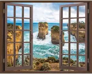 The Twelve Apostles Rock Window Picture,Brown Window Wall Decals Boho Virtual Window Office (W)31.5"X(H)23.6"