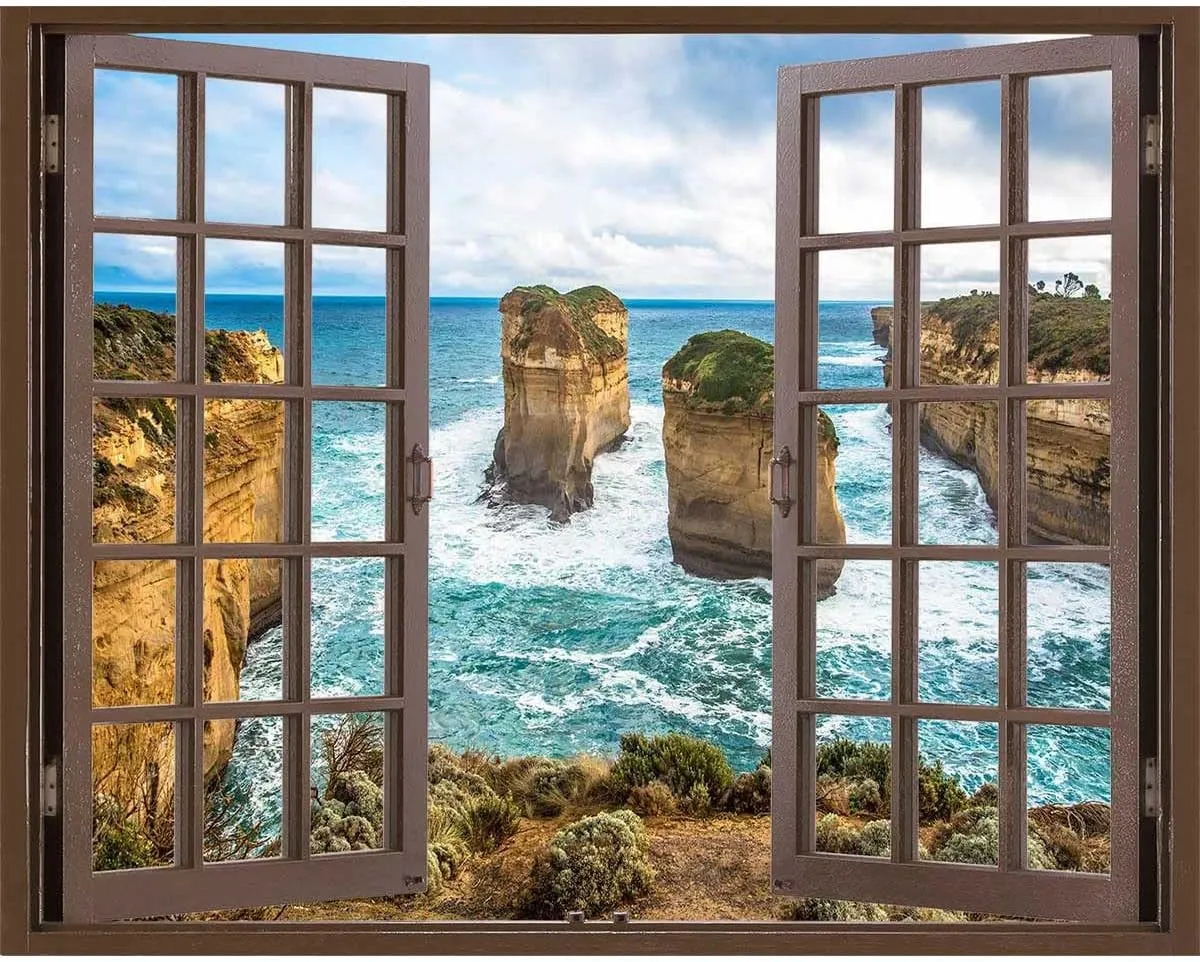 The Twelve Apostles Rock Window Picture,Brown Window Wall Decals Boho Virtual Window Office (W)31.5"X(H)23.6"
