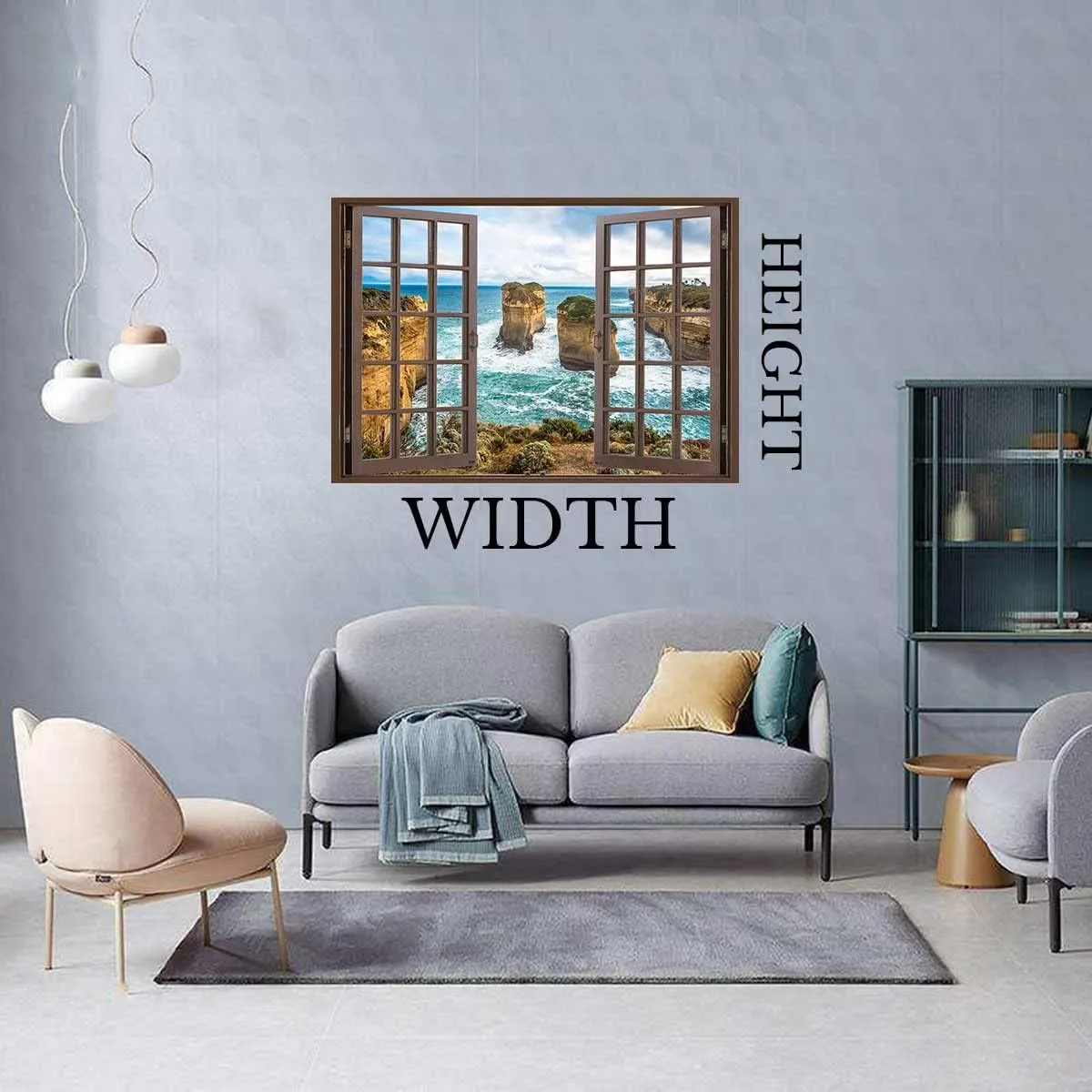 The Twelve Apostles Rock Window Picture,Brown Window Wall Decals Boho Virtual Window Office (W)31.5"X(H)23.6"