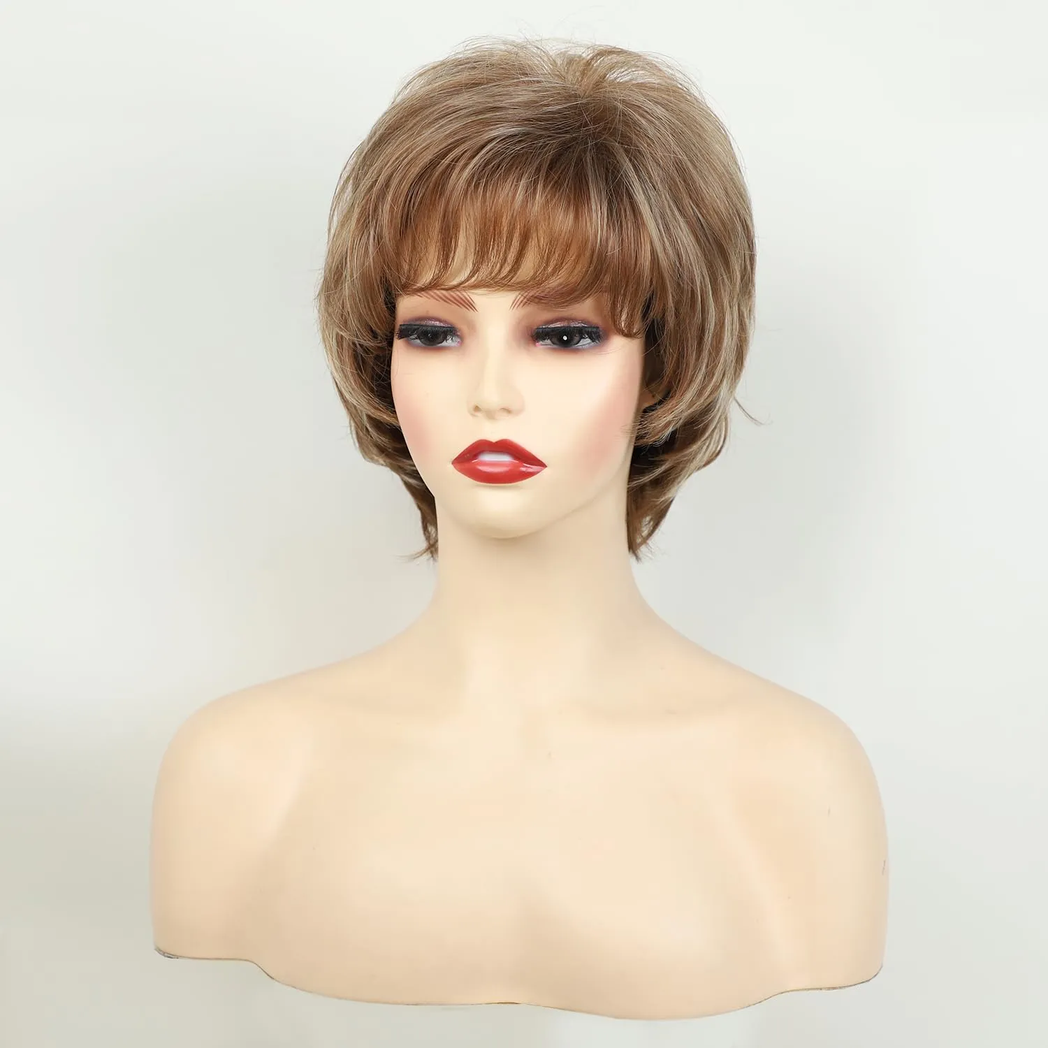 TISHINING Brown Short Pixie Cut Wigs for White Women Brown Mix Blonde Wavy Layered Wig with Bangs Synthetic Natural Looking Daily Party Wig