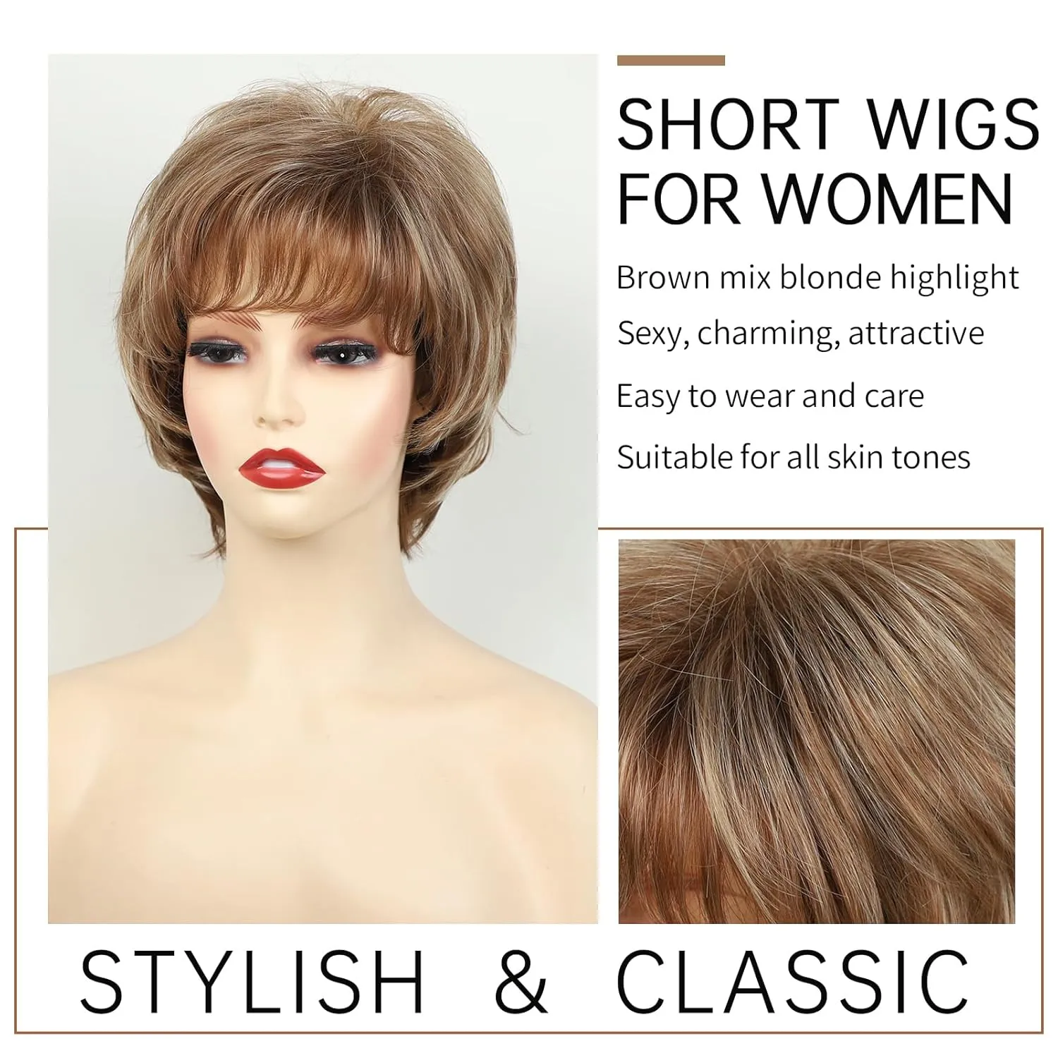 TISHINING Brown Short Pixie Cut Wigs for White Women Brown Mix Blonde Wavy Layered Wig with Bangs Synthetic Natural Looking Daily Party Wig