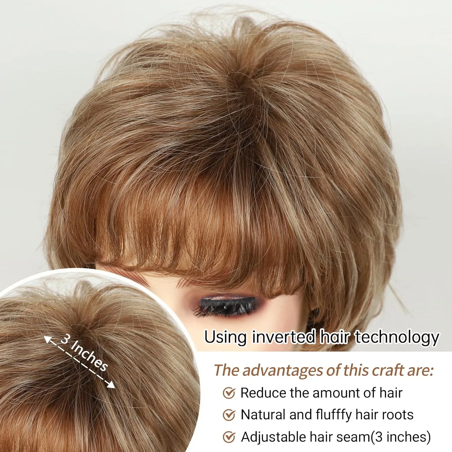 TISHINING Brown Short Pixie Cut Wigs for White Women Brown Mix Blonde Wavy Layered Wig with Bangs Synthetic Natural Looking Daily Party Wig