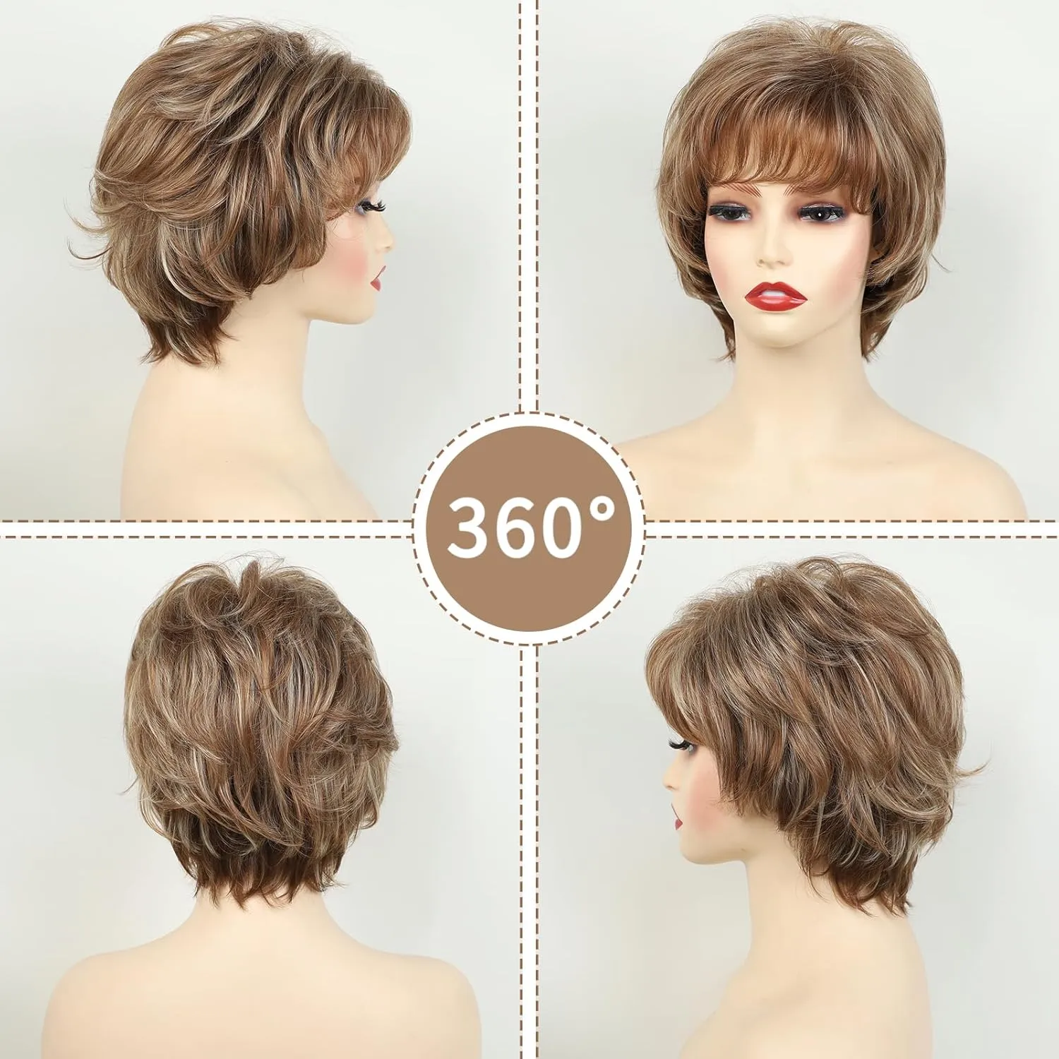 TISHINING Brown Short Pixie Cut Wigs for White Women Brown Mix Blonde Wavy Layered Wig with Bangs Synthetic Natural Looking Daily Party Wig