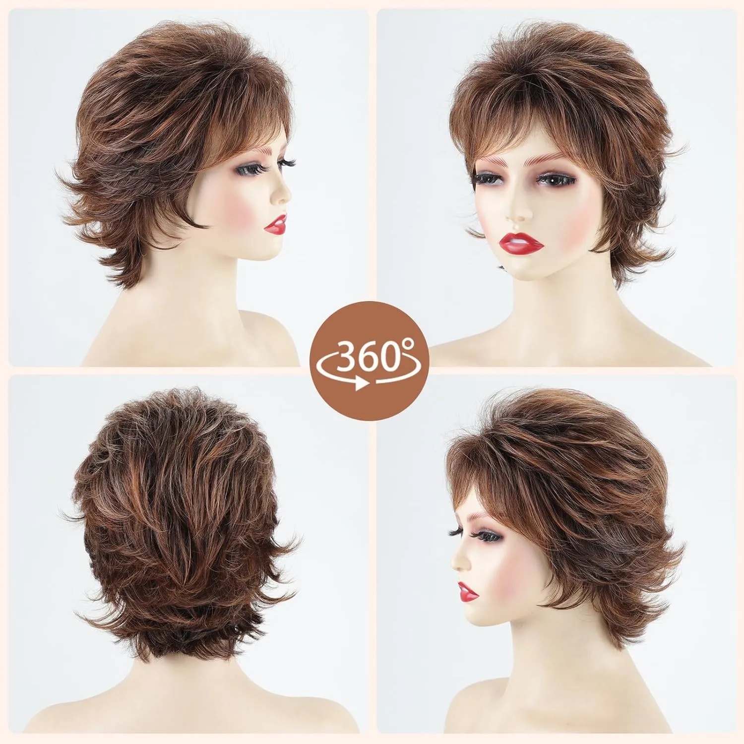 TISHINING Short Mixed Brown Curly Wigs for Women Layered Red Brown Pixie Cut Wig with Bangs Heat Synthetic Short Hair Wigs for White Women Natural Looking Daily Party Wig