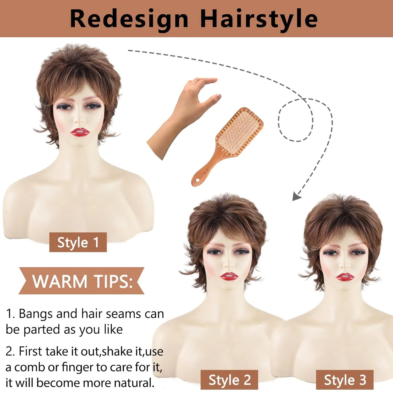 TISHINING Short Mixed Brown Curly Wigs for Women Layered Red Brown Pixie Cut Wig with Bangs Heat Synthetic Short Hair Wigs for White Women Natural Looking Daily Party Wig
