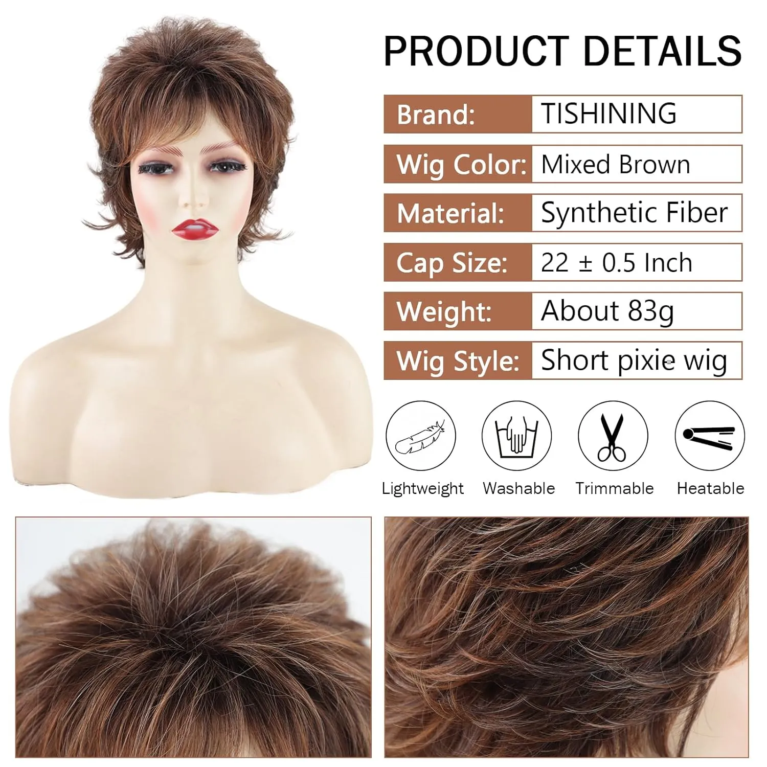 TISHINING Short Mixed Brown Curly Wigs for Women Layered Red Brown Pixie Cut Wig with Bangs Heat Synthetic Short Hair Wigs for White Women Natural Looking Daily Party Wig