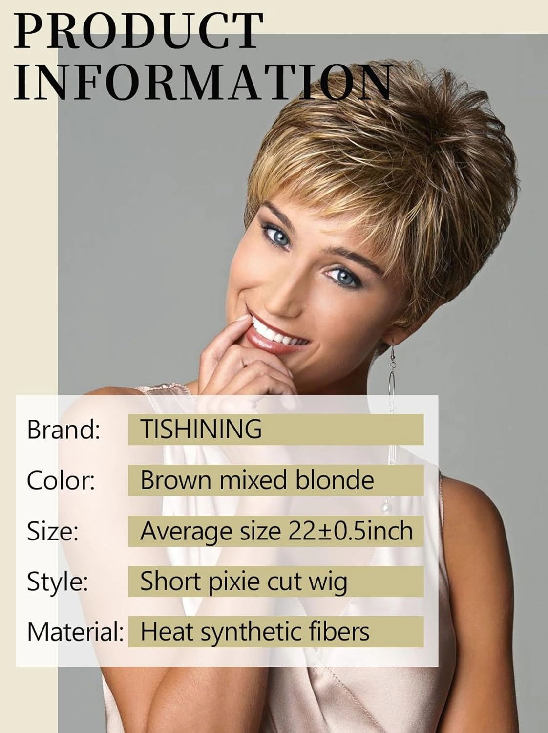 TISHINING Brown Highlight Short Pixie Cut Wigs for Women Layered Brown Mix Blonde Wig with Bangs Synthetic Natural Looking Daily Party Wig