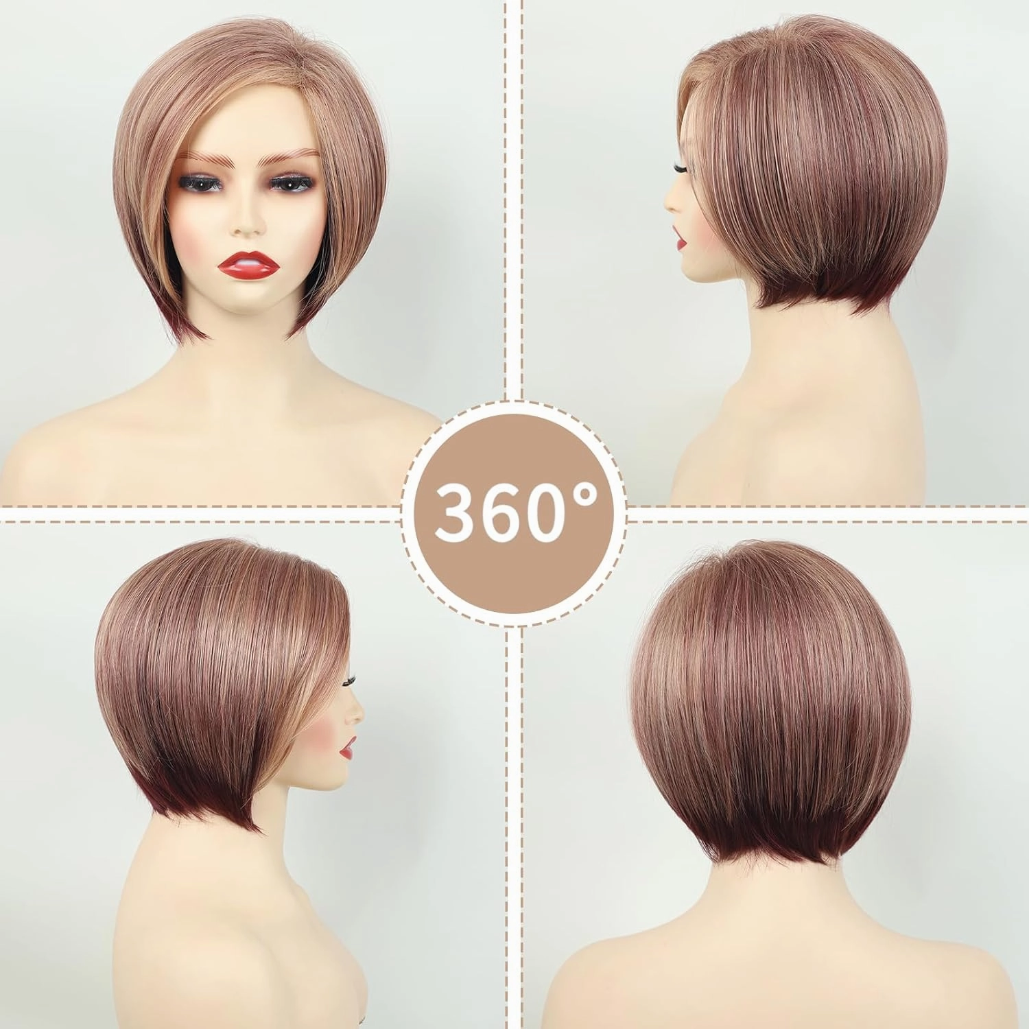 TISHINING Side Part Short Layered Bob Wigs for White Women Chin Length Blonde Mixed Brown Cute Straight Pixie Bob Wig Inverted Bob Wig Synthetic Natural Looking Daily Party Wig (10 inch)