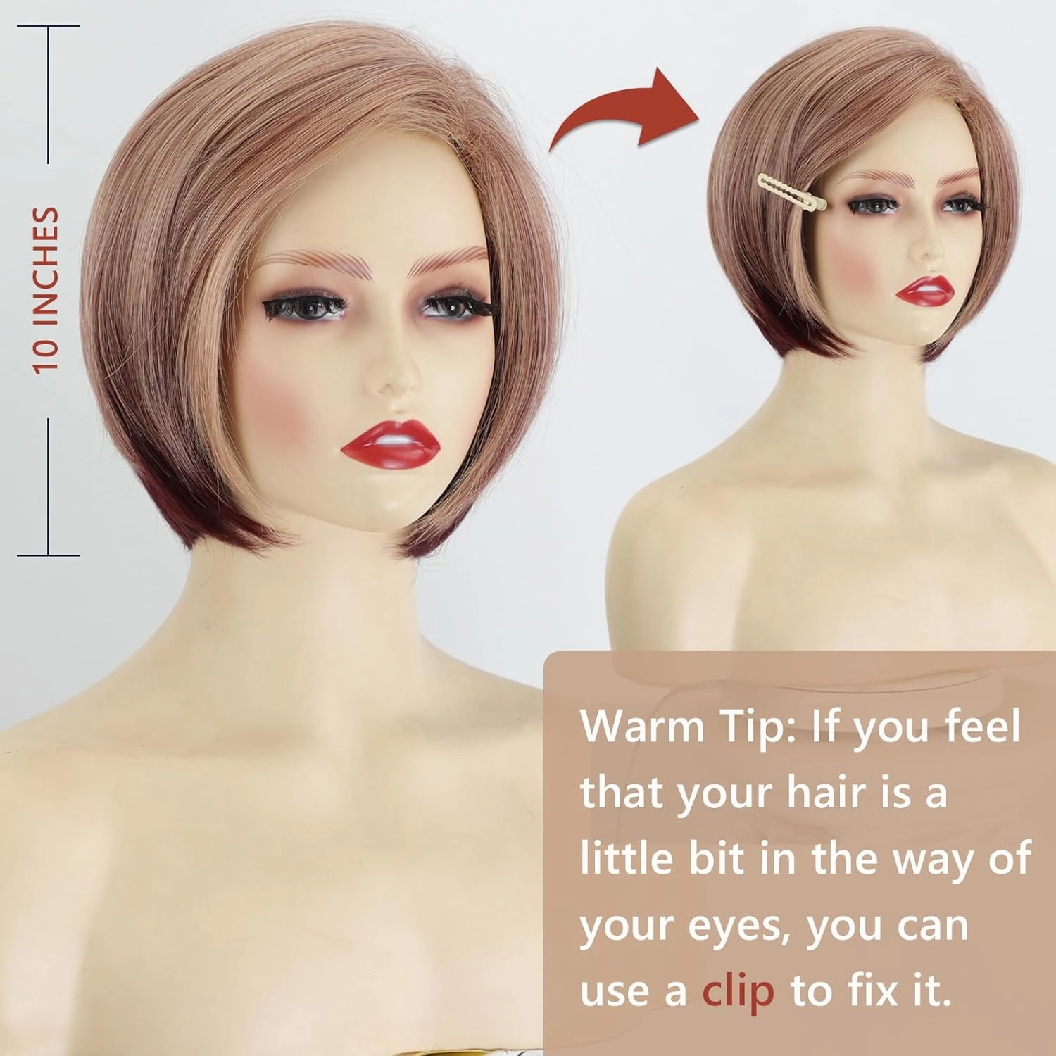 TISHINING Side Part Short Layered Bob Wigs for White Women Chin Length Blonde Mixed Brown Cute Straight Pixie Bob Wig Inverted Bob Wig Synthetic Natural Looking Daily Party Wig (10 inch)