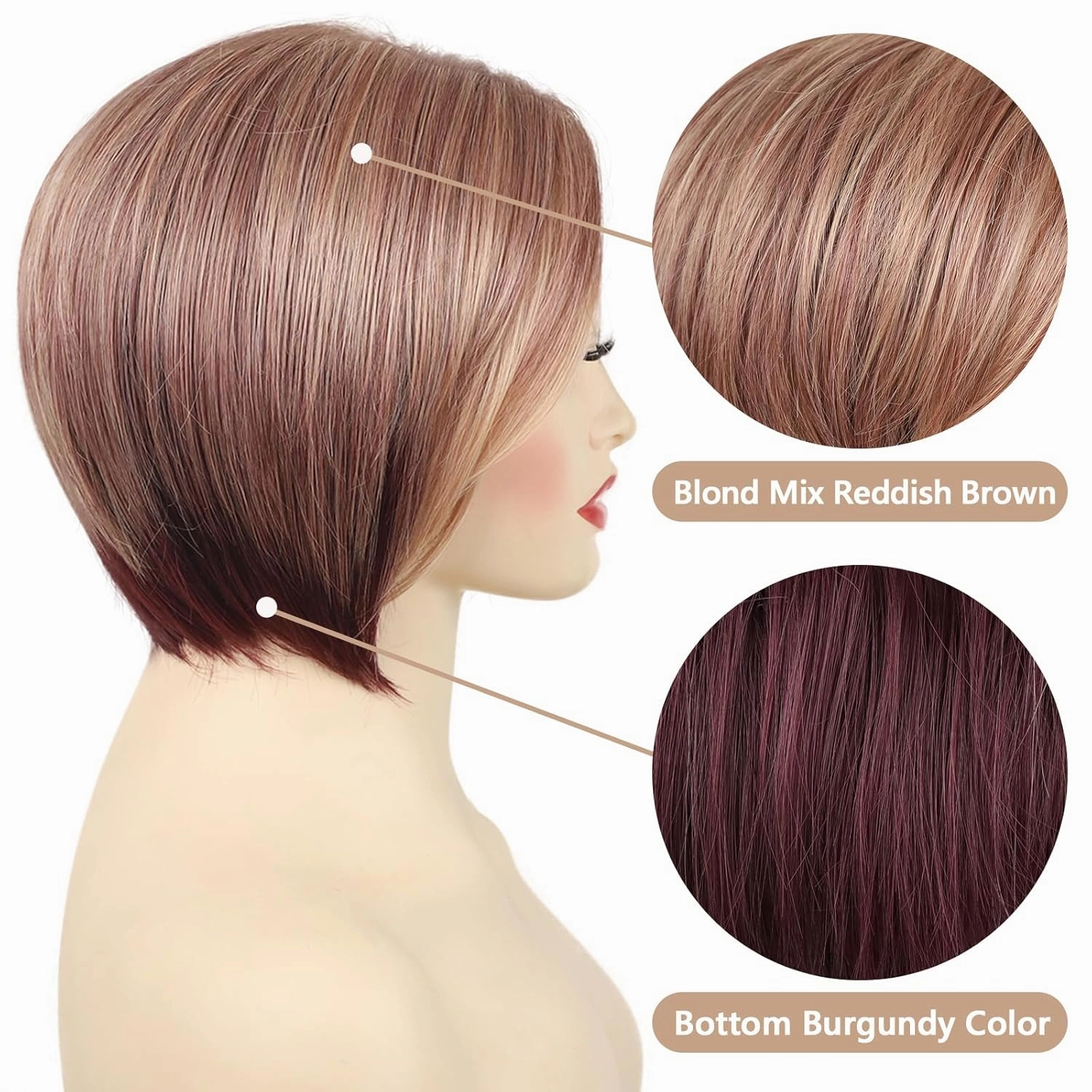 TISHINING Side Part Short Layered Bob Wigs for White Women Chin Length Blonde Mixed Brown Cute Straight Pixie Bob Wig Inverted Bob Wig Synthetic Natural Looking Daily Party Wig (10 inch)