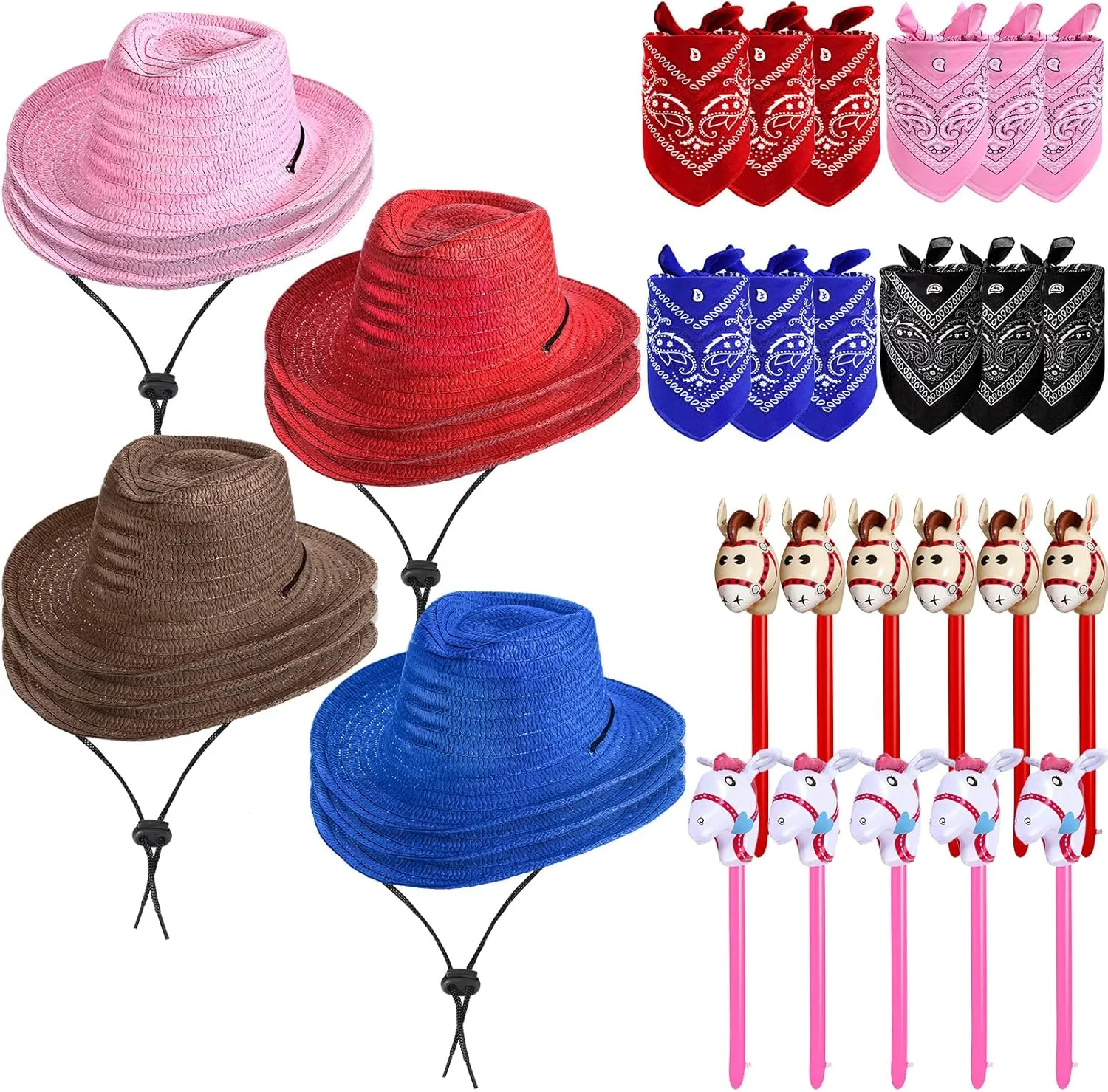 Toulite 36 Pcs Cowboy Party Costume Set, Cowboy Hats Paisley Bandanas Inflatable Stick Horses for Kids Party Supplies