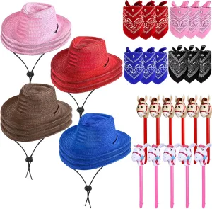 Toulite 36 Pcs Cowboy Party Costume Set, Cowboy Hats Paisley Bandanas Inflatable Stick Horses for Kids Party Supplies