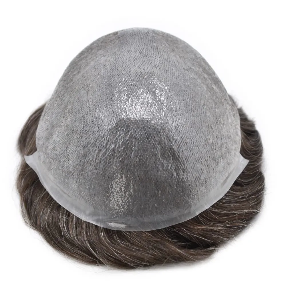 Toupee for Men Hair System Replacement 0.06mm Ultra Thin Skin V-Looped Mens Hairpiece PU Wig for Men Toupee Hair Units 90% Light Density, 310# Dark Brown With 10% Gray