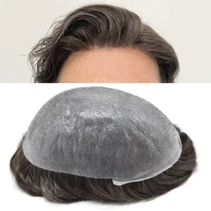 Toupee for Men Hair System Replacement 0.06mm Ultra Thin Skin V-Looped Mens Hairpiece PU Wig for Men Toupee Hair Units 90% Light Density, 310# Dark Brown With 10% Gray