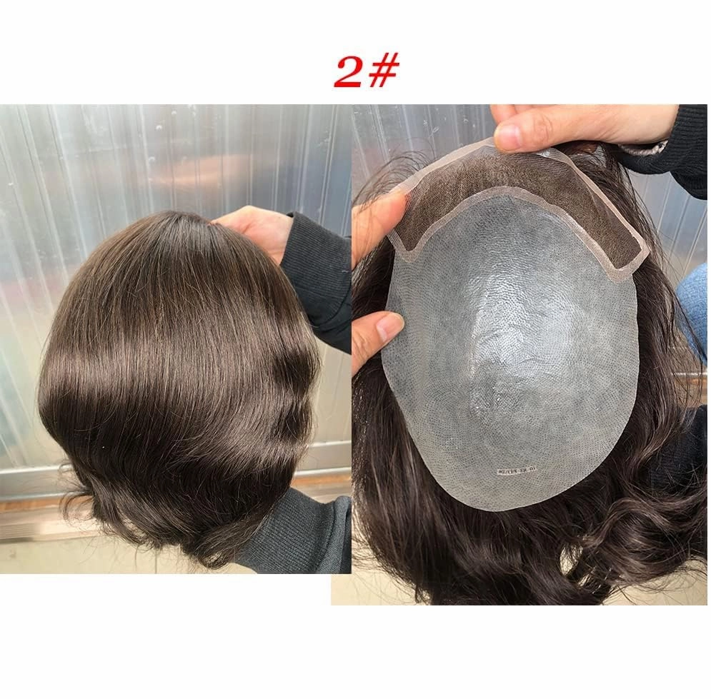 Toupee for Men 100% European Human Hair Swiss Lace Front Natural Hairline Hair Pieces 0.08mm Thin Skin PU V-looped Men's Hair Replacement System 8x10 Inches #2 Dark Brown Color