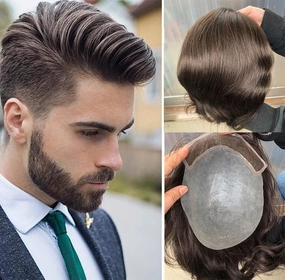 Toupee for Men 100% European Human Hair Swiss Lace Front Natural Hairline Hair Pieces 0.08mm Thin Skin PU V-looped Men's Hair Replacement System 8x10 Inches #2 Dark Brown Color