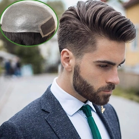 Toupee for Men 100% European Human Hair Swiss Lace Front Natural Hairline Hair Pieces 0.08mm Thin Skin PU V-looped Men's Hair Replacement System 8x10 Inches #4 Medium Brown Color