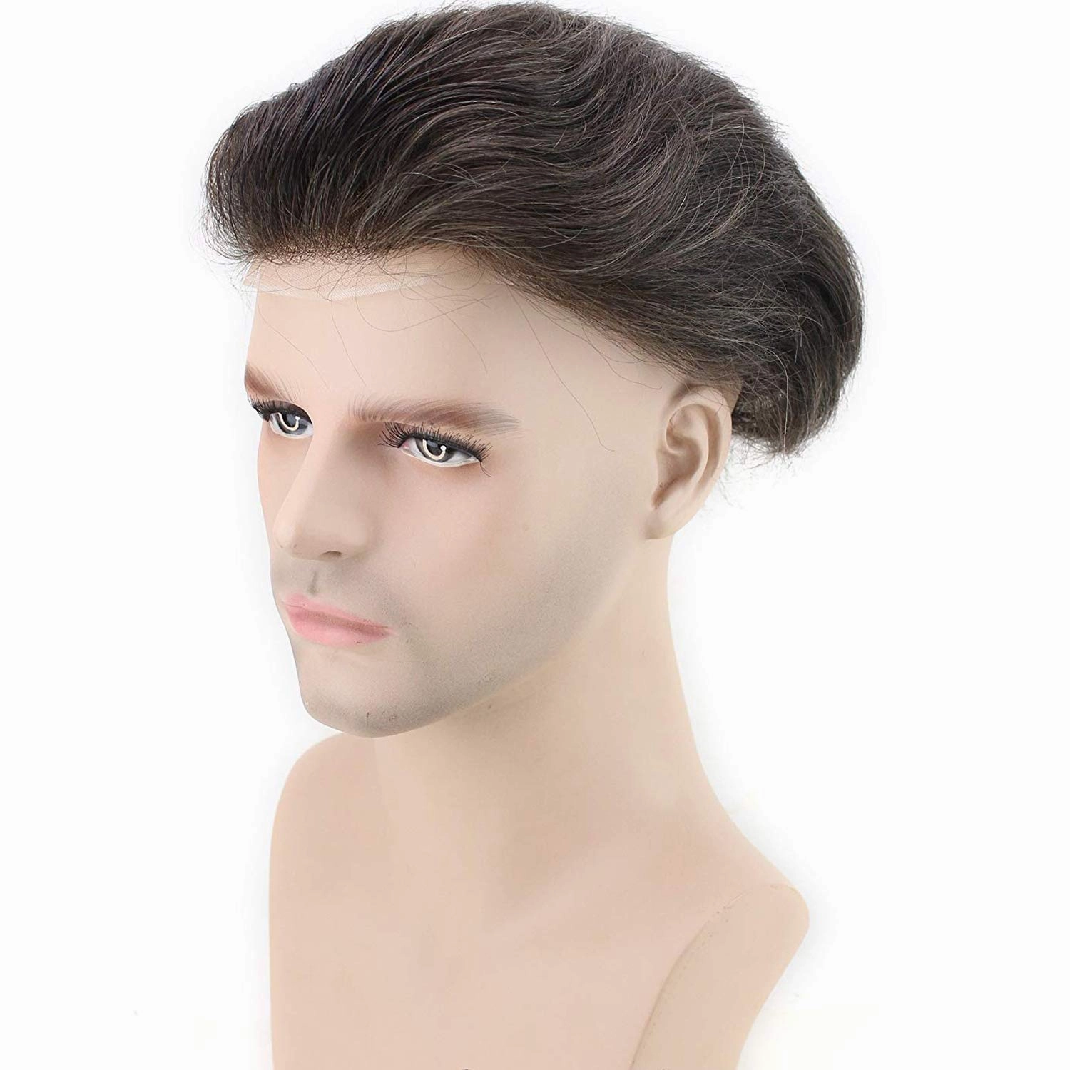 Toupee for Men 100% European Human Hair Swiss Lace Front Natural Hairline Hair Pieces 0.08mm Thin Skin PU V-looped Men's Hair Replacement System 8x10 Inches #4 Medium Brown Color