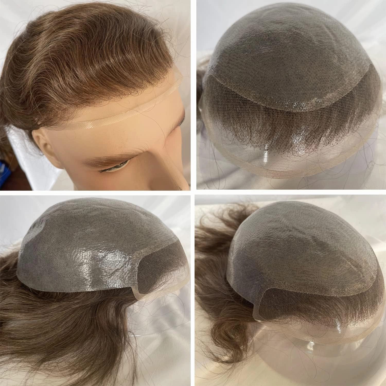 Toupee for Men European Human Hair Swiss Lace Front Hair Pieces Thin Skin PU V-looped Men's Hair Replacement System #7 Light Brown Color
