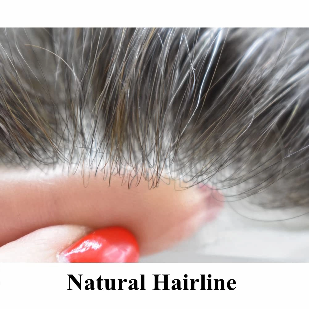 Toupee for Men Hair Pieces 0.06mm Thin Skin V-Looped Natural Hairline Human Hair Systems 8x10" Invisible Male Hairpiece Mens Hair Replacement 90% Light Density, 1B60# Natural Black With 60% Grey