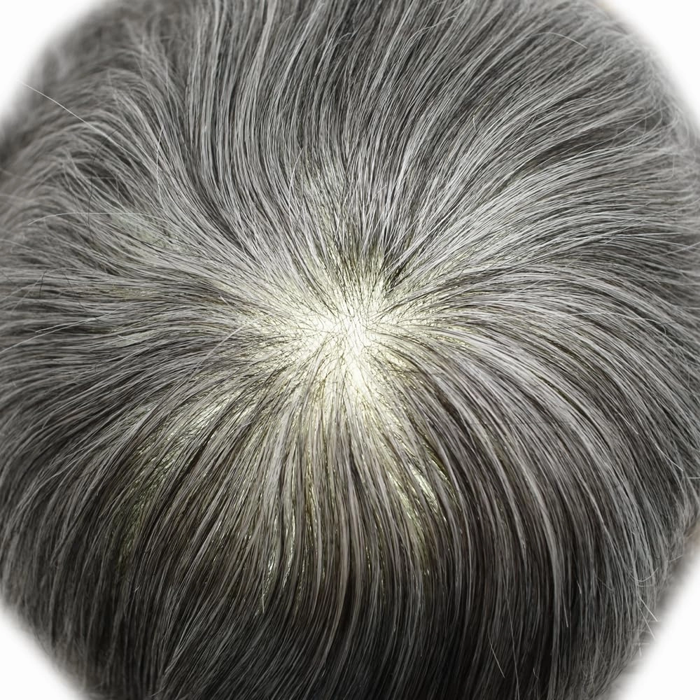 Toupee for Men Hair Pieces 0.06mm Thin Skin V-Looped Natural Hairline Human Hair Systems 8x10" Invisible Male Hairpiece Mens Hair Replacement 90% Light Density, 1B60# Natural Black With 60% Grey