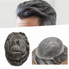 Toupee for Men Hair Pieces 0.06mm Thin Skin V-Looped Natural Hairline Human Hair Systems 8x10" Invisible Male Hairpiece Mens Hair Replacement 90% Light Density, 1B60# Natural Black With 60% Grey