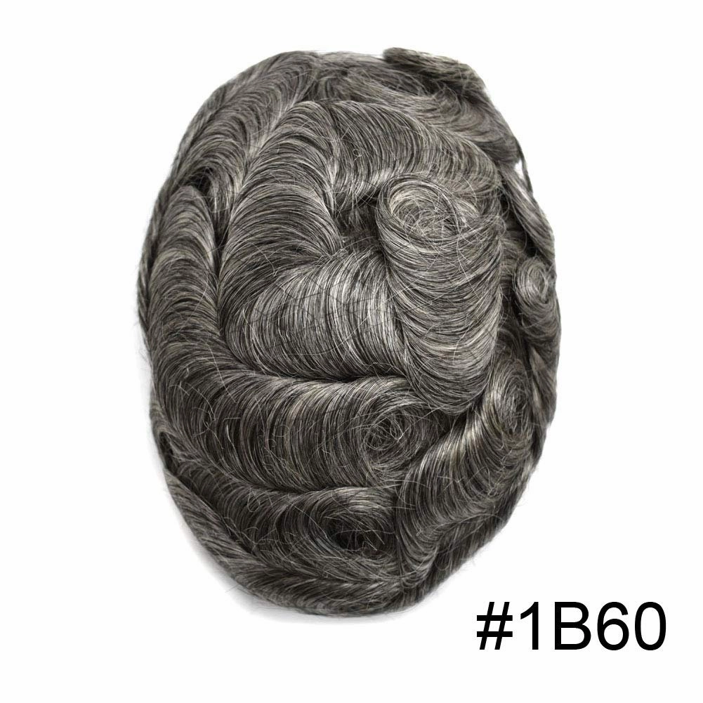 Toupee for Men Hair Pieces 0.06mm Thin Skin V-Looped Natural Hairline Human Hair Systems 8x10" Invisible Male Hairpiece Mens Hair Replacement 90% Light Density, 1B60# Natural Black With 60% Grey