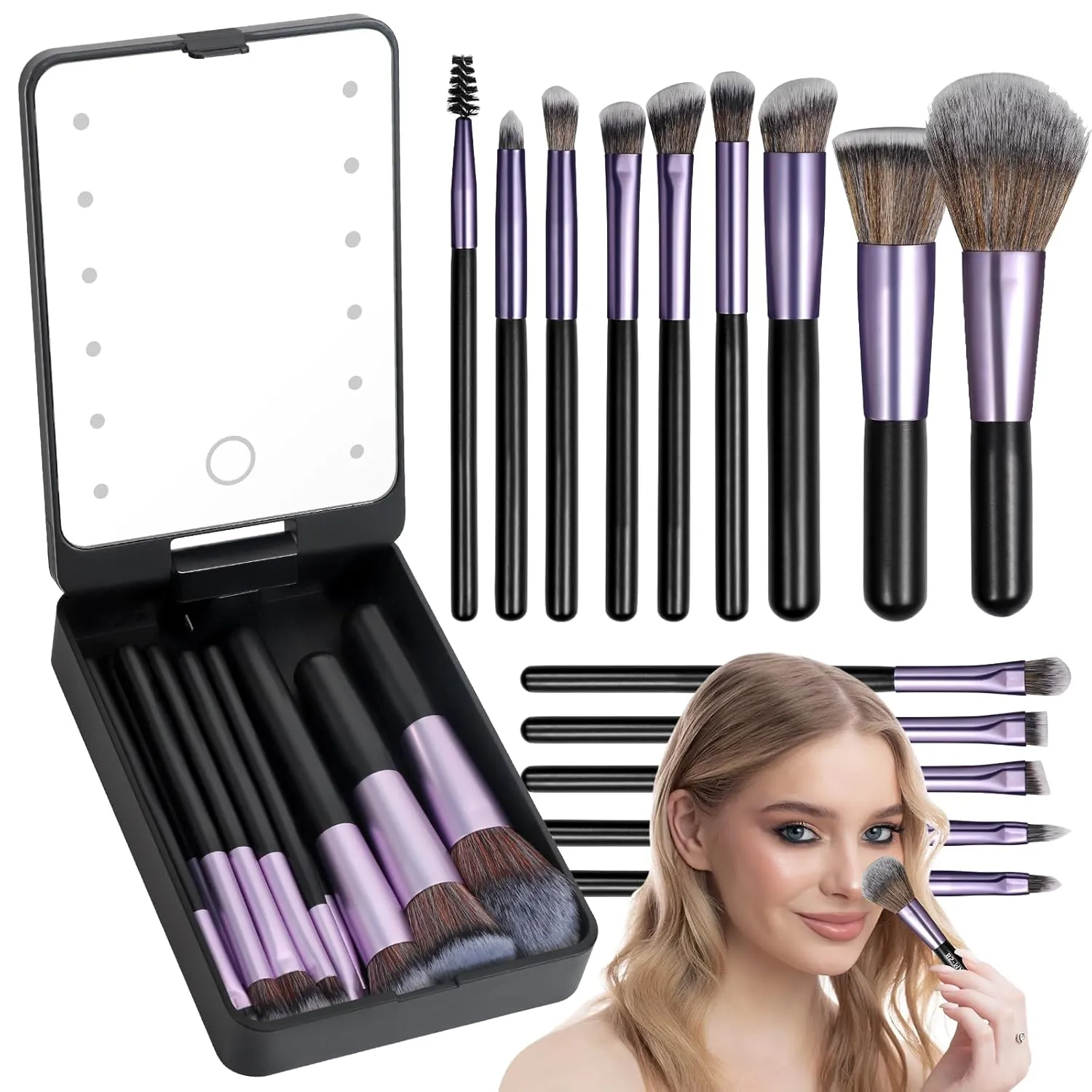 Travel Makeup Brush Set with LED Mirror, Professional and Mini Makeup Brushes Set 14Pcs, Eye Shadows Makeup Set Storage Box (Purplish Black)