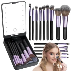 Travel Makeup Brush Set with LED Mirror, Professional and Mini Makeup Brushes Set 14Pcs, Eye Shadows Makeup Set Storage Box (Purplish Black)