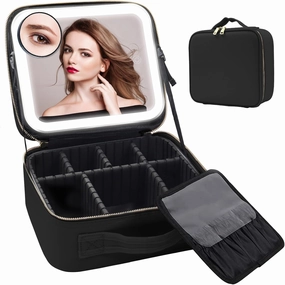 Travel Makeup Bag with LED Lighted Mirror,Waterproof Cosmetic Makeup Organizer Bag with 3 Color Setting and 10x Magnifying Mirror,Makeup Train Case with Adjustable Dividers Detachable,Black