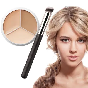 Tricolor Face Concealer Contour Palette, Upgraded Color Correction Concealer for Mature Light Medium Skin (Concealer Brush, 1)