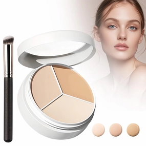 Tricolor Concealer, 2025 New Tri Color Face Concealer Highlight Contour Palette, Full Coverage Concealer Pot, Makeup Color Correcting Concealer for Mature Light Medium Skin (Natural Brush, One Size)