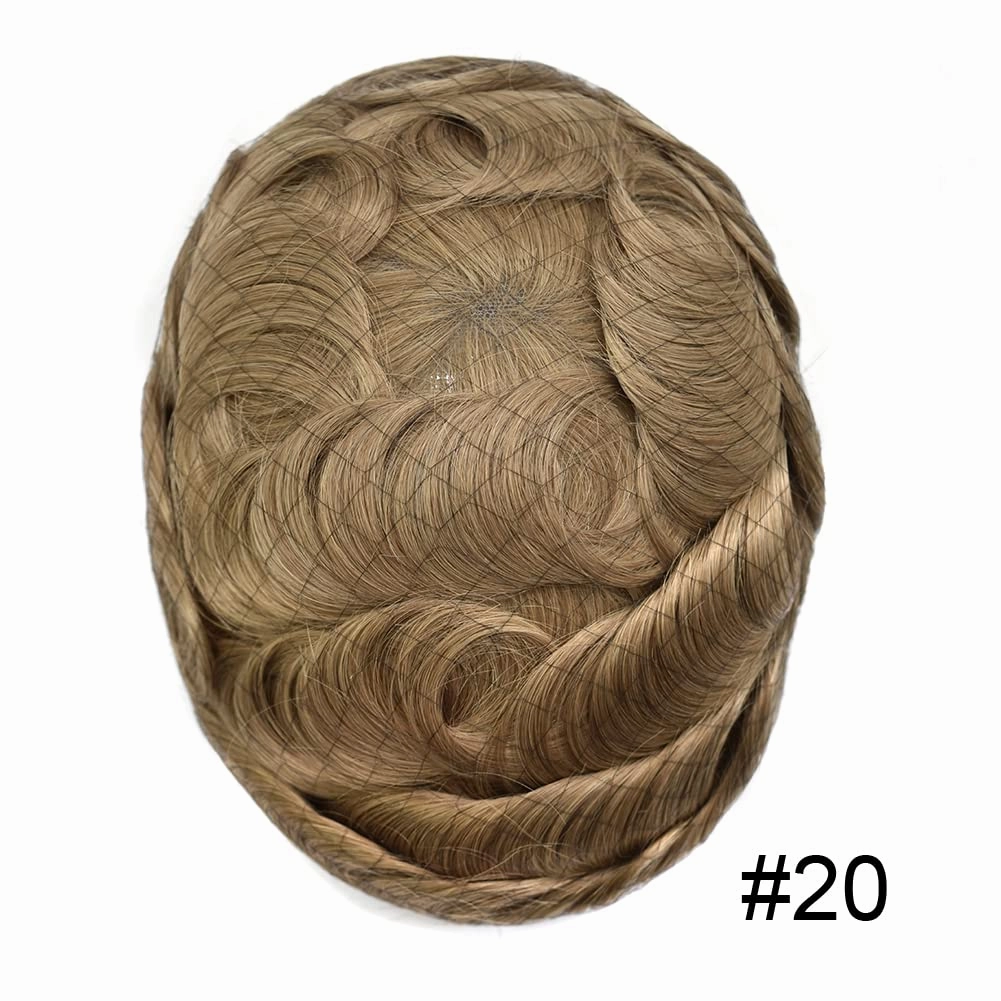 Ultra Thin Skin Mens Toupee Human Hair System 0.06mm Poly PU Wigs for Men Toupee for Men Hair Piece Blonde Hair Replacement Hairpieces for Men 8X10"-90% Light Density, 20# Light Ash Blonde