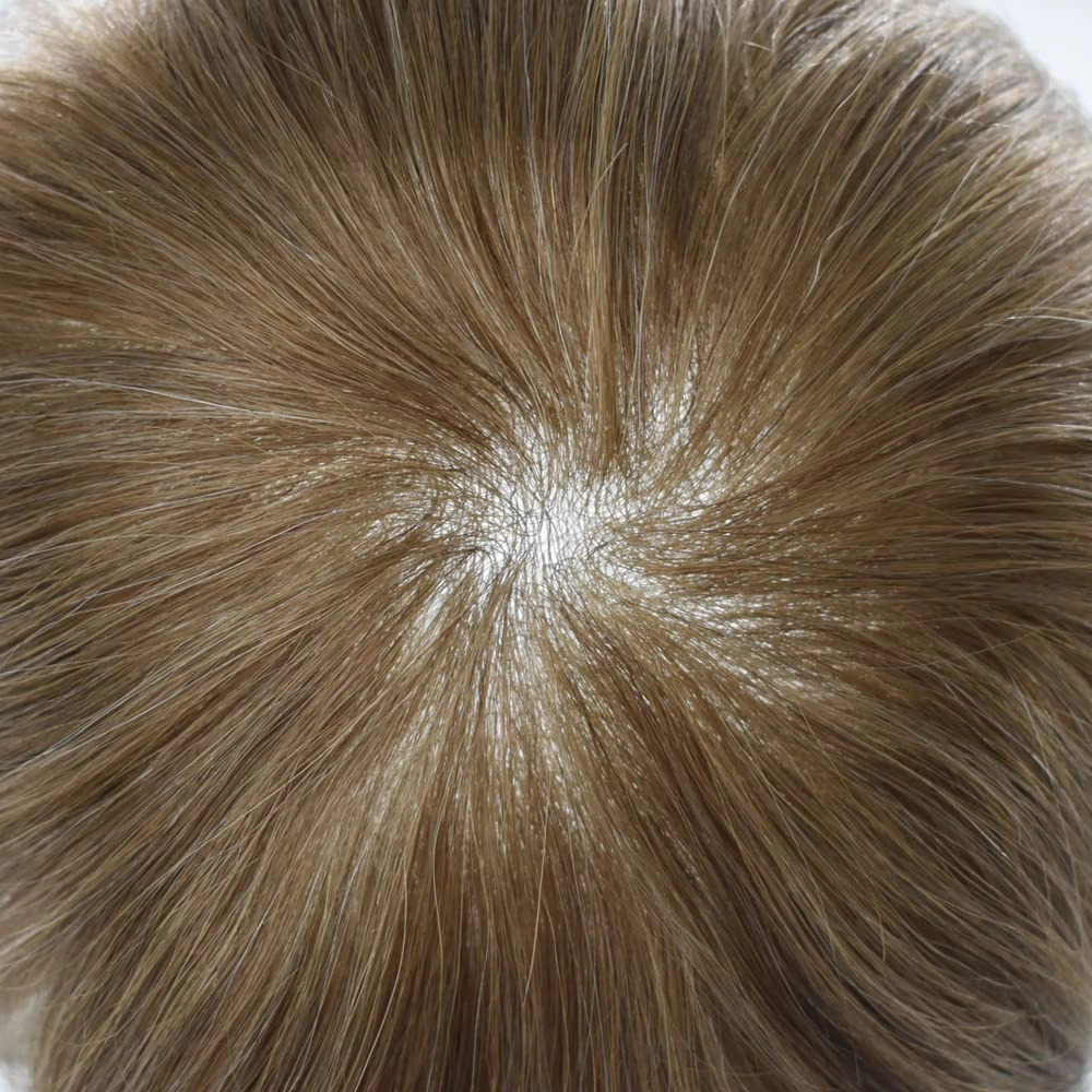 Ultra Thin Skin Mens Toupee Human Hair System 0.06mm Poly PU Wigs for Men Toupee for Men Hair Piece Blonde Hair Replacement Hairpieces for Men 8X10"-90% Light Density, 20# Light Ash Blonde