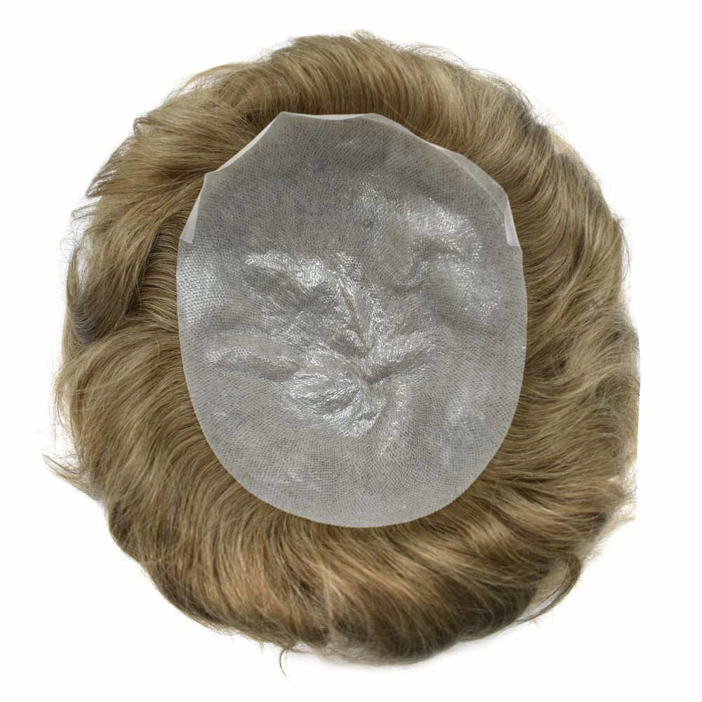 Ultra Thin Skin Mens Toupee Human Hair System 0.06mm Poly PU Wigs for Men Toupee for Men Hair Piece Blonde Hair Replacement Hairpieces for Men 8X10"-90% Light Density, 20# Light Ash Blonde