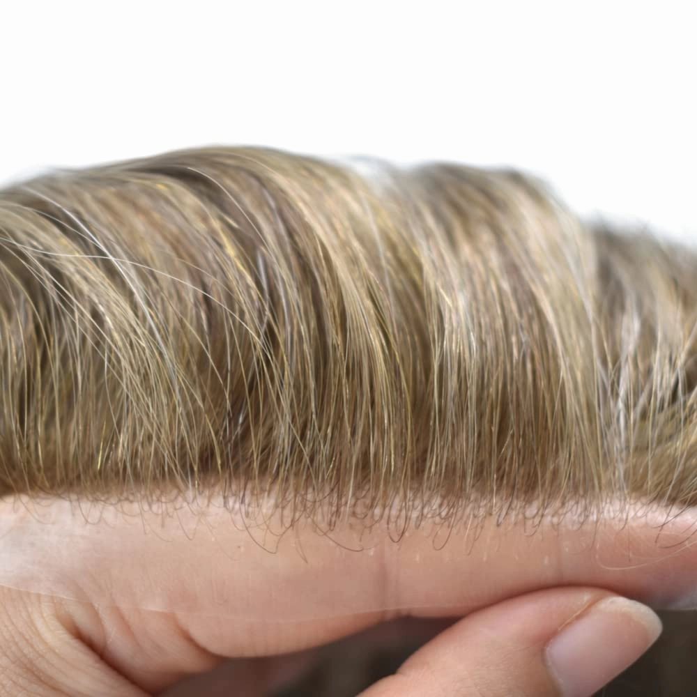 Ultra Thin Skin Mens Toupee Human Hair System 0.06mm Poly PU Wigs for Men Toupee for Men Hair Piece Blonde Hair Replacement Hairpieces for Men 8X10"-90% Light Density, 20# Light Ash Blonde
