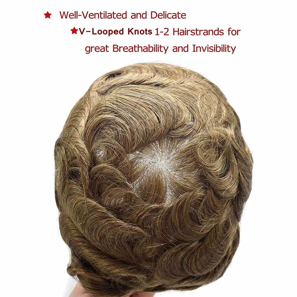 Ultra Thin Skin Mens Toupee Human Hair System 0.06mm Poly PU Wigs for Men Toupee for Men Hair Piece Blonde Hair Replacement Hairpieces for Men 8X10"-90% Light Density, 20# Light Ash Blonde