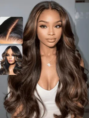 UNICE 18 inch Pre Everything Glueless Wigs Human Hair Pre Plucked Pre Cut Espresso Brown Highlight Loose Body Wave 13x4 HD Lace Front Human Hair Wig Bleached Knots Natural Hairline 150% Density