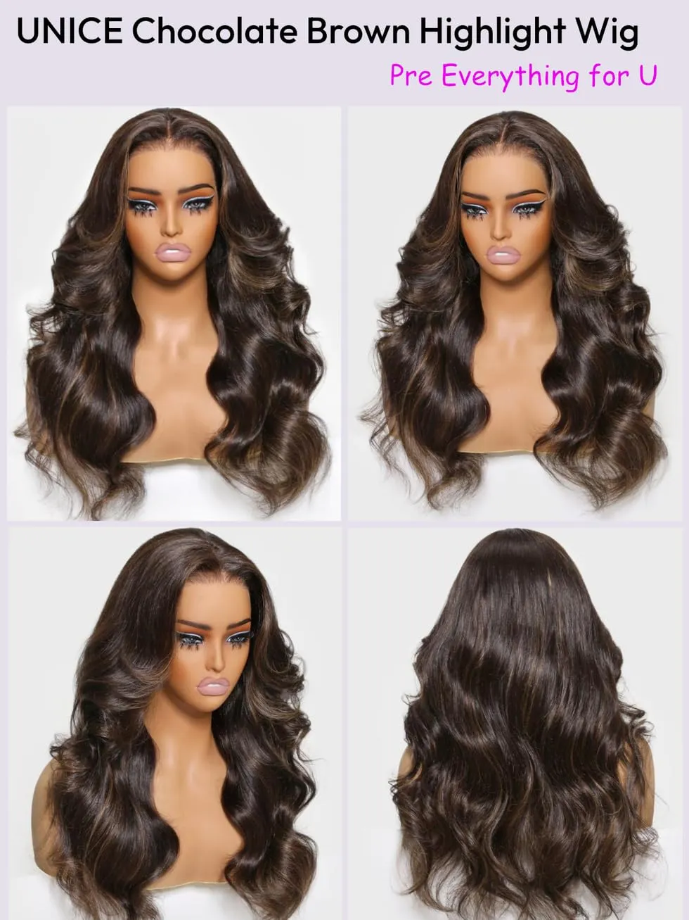 UNICE 18 inch Pre Everything Glueless Wigs Human Hair Pre Plucked Pre Cut Espresso Brown Highlight Loose Body Wave 13x4 HD Lace Front Human Hair Wig Bleached Knots Natural Hairline 150% Density